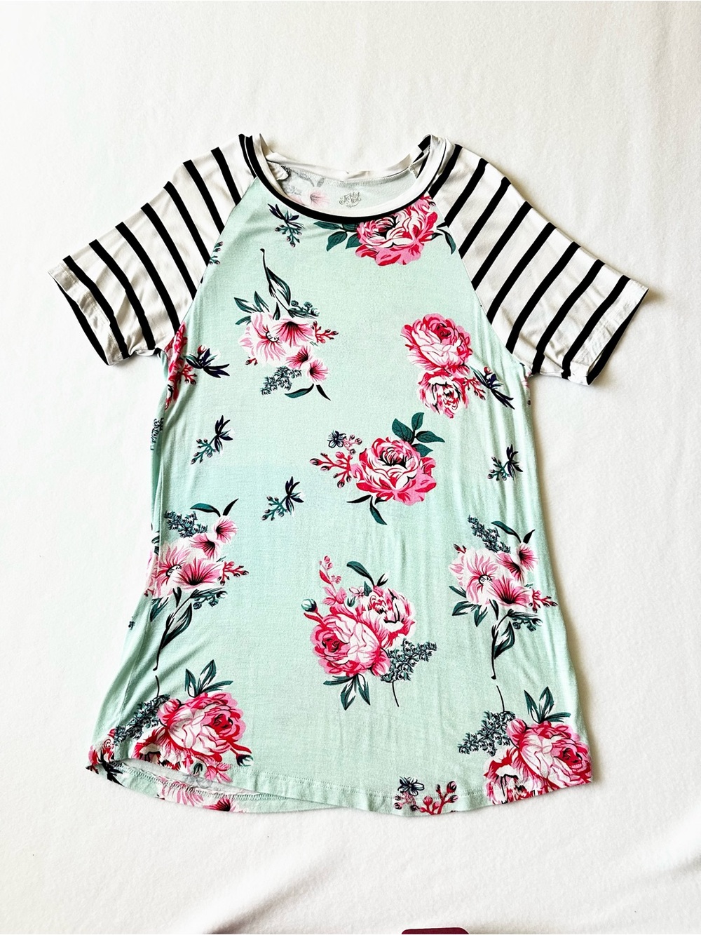 Tickled Teal Women Floral Top Large Mint Green Rose Black Stripe Sleeves